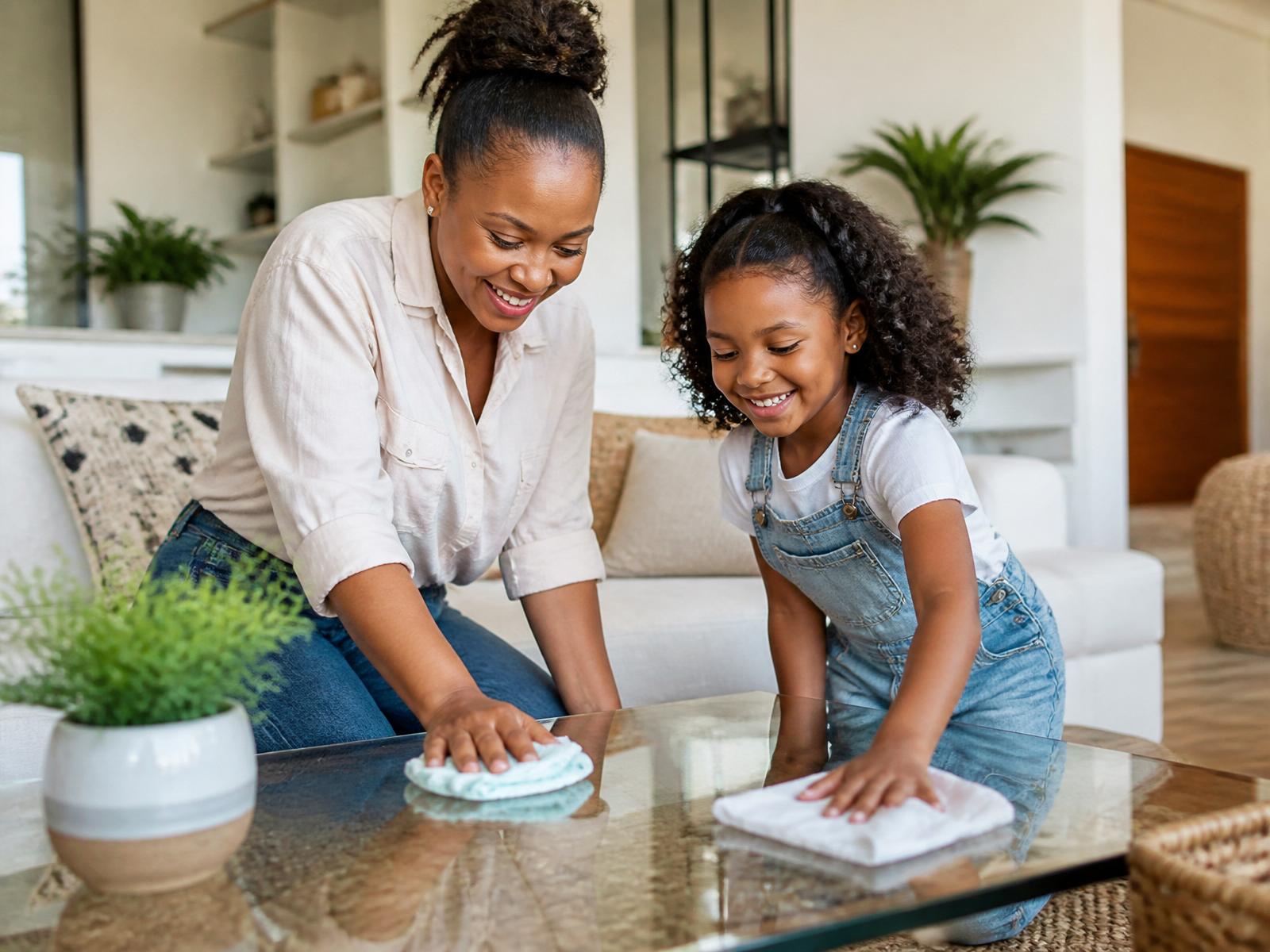 A South African family cleaning a spotless glass table together in a bright, modern living room